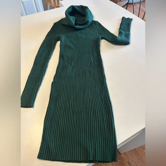 Cowl Neck Ribbed Sweater Dress, Forest Green, soft, lots of stretch, Sz S - Picture 3 of 8